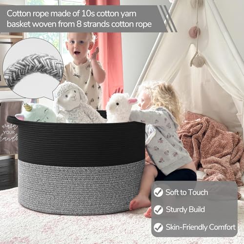 Image of INDRESSME 115L Extra Large Cotton Rope Blanket Basket, Woven Basket for Toy Storage Organizer & Laundry Toy Box for Living Room Area & Nursery Room, Black & Grey