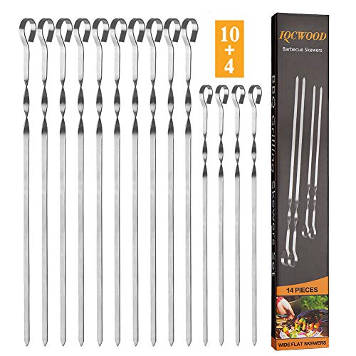 IQCWOOD Skewers, Barbecue Skewers, 14 Pieces Metal Skewers for Grilling, Stainless Steel 16.7"