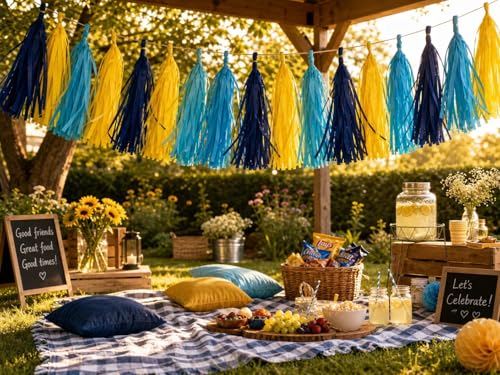 Image of Blue and Yellow Tassel Garland Banner Tissue Paper Tassels for Birthday Party Decorations,Pack of 20