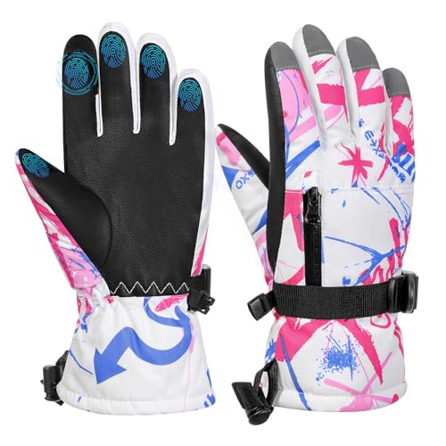 MoKo Skihandschuhe für Kinder, warme wasserdichte Winterhandschuhe, ideal zum Rodeln und Snowboarden, Rosa & Blau, Größe XS