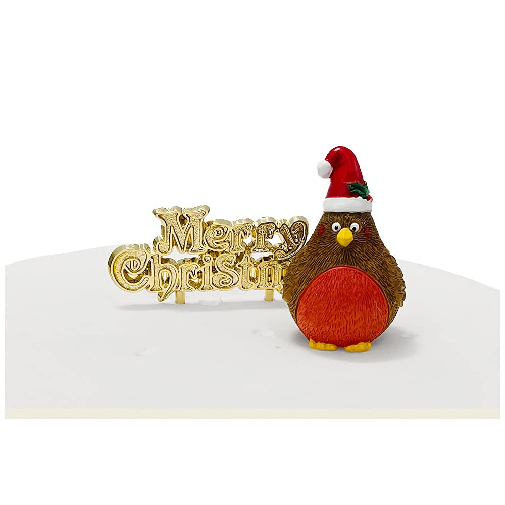 Anniversary House 2pcs Plump Christmas Robin Resin Cake Topper & Merry Christmas Motto, Cake Decorations, Xmas Cake Toppers, Yule Log Decoration, Traditional Non-Edible Decorations, BX361 UK