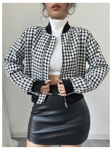 MakeMeChic Women's Plaid Full Zip Mock Neck Bomber Jacket Lantern Sleeve Coat4