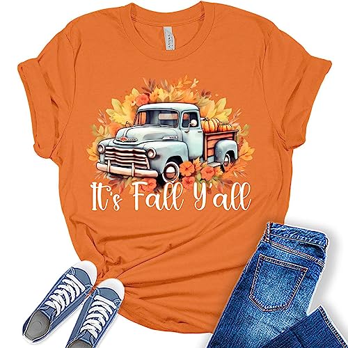 Womens It's Fall Y'all Tops Pumpkin Vintage Flowers Truck Tshirt Cottagecore Girls Graphic Tee Autumn Shirts