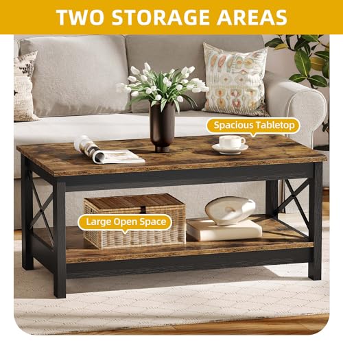 DWVO Brown Coffee Tables for Living Room Storage Coffee Table Wood Coffee Table with Thicker Legs 2 Tier Modern Coffee Tables Center Table for Living Room, Brown