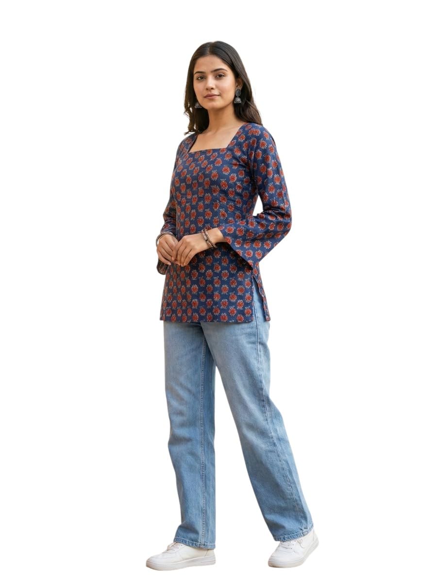 Women’s Blue & Red Printed Cotton Short Kurti | Bell Sleeve Straight Kurta | Pure Cotton Casual