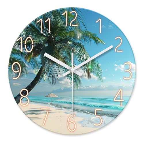 XFM Tropical Beach Wall Clock Silent Coastal Wall Clocks Battery Operated 12 Inch Modern Palm Tree...