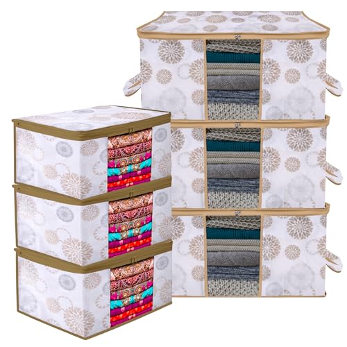 Image of Kuber Industries Set of 6 Saree Cover & Underbed Storage Bag Set | 3 Pieces Saree & 3 Pieces Underbed Storage Bag Combo Set | Visible Window & Handle Storage Bag | Gola-Print | White