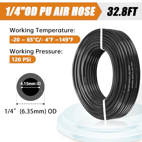 mankk Air Line Tubing Kit 1/4”(6.35mm) OD x 32.8 Feet Polyurethane PU Tube Air Hose Fittings and Push to Connect Fittings Pneumatic Tubing Compressed Accessories
