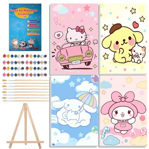 CYNART 4 Pack Paint by Numbers Kit for Kids with Frame and Wooden Easel Easy Paint by Numbers Kit for Adults Beginner DIY Painting by Numbers for Teens for Home Wall Decor Gift (8x12 inch)