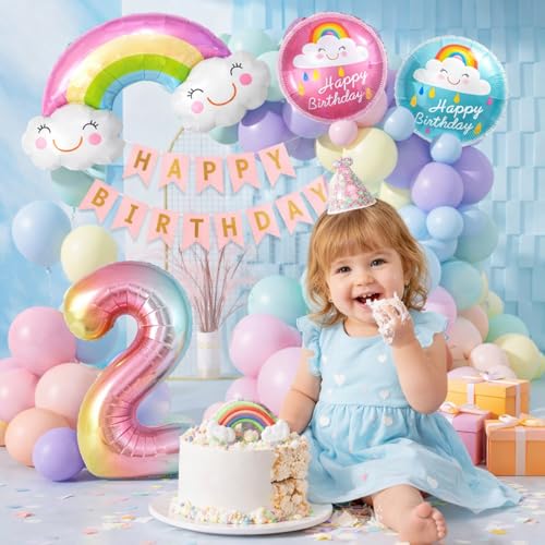 Image of 2nd Birthday Decoration Kit with Rainbow Foil Balloon, Number 2 Foil Balloon, Two Year Bday Party Foil Balloons and Pastel Latex Balloons for Party Decoration Set of 59 Pcs