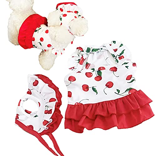 Dog One Piece Swimwear Bright Plaid Bikini Style Dog Cooling Shirt with Sun Cap Hat Pet Beach Swimsuit Puppy Bathing Dress (Medium, Cherry)
