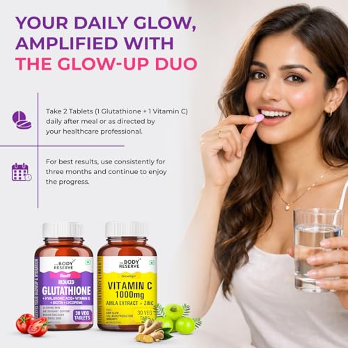 Image of The Body Reserve Japanese Reduced L-Glutathione 500mg with Vitamin C & Amla Extract | Skin Brightening Supplement | 30+30 Veg Capsules