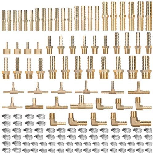 136Pcs Brass Hose Barb Fittings Assortment Kit, Includes a variety of Barb Coupler,BarbTee,BarbFemale Adapter,Barb Splice,Barb Male Elbow NPT Thread,Brass Fittings,1/8" 3/16" 1/4" 5/16&...
