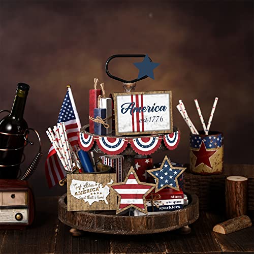 Image of FairySandy 13 Pcs Vintage 4th of July Tiered Tray Decor Rustic Patriotic 250th Anniversary Independence Day Decorations American Farmhouse Table Wooden Sign Red White Blue USA Flag for Memorial Day