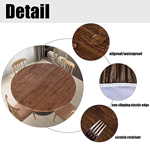 Lushvida Round Waterproof Table Cover Elastic Tablecloth Vinyl Fitted Table Cover Elastic Edged Plastic Table Cover Fits Tables Up To 36"-44" R Oak #TOP2