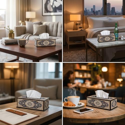 Image of Designer Wooden Tissue Box with Traditional Carpet Print Decorative MDF Tissue Holder for Home, Office, Tabletop & Hotel Use Elegant Rectangular Case (6.5 x 5 x 3 Inch)