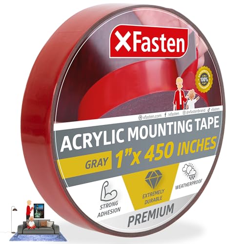 XFasten Double-Sided Acrylic Mounting Tape Removable, Gray, 1-Inch x 450-Inch, Weatherproof, Super Strong Double-Sided Adhesive and Tough Bonding Strength