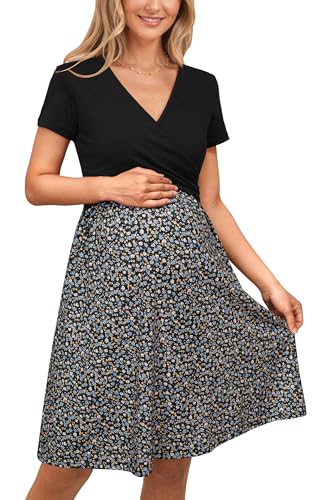 Image of OUGES Maternity Nursing Dress Breastfeeding Short Sleeve V Neck Casual Pregnancy Clothes with Pockets