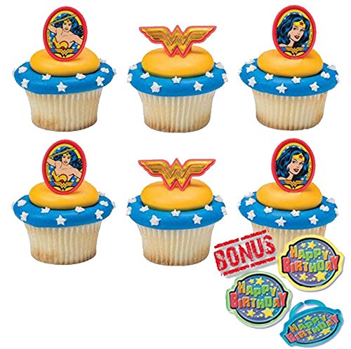 Bundle of Fun Wonder Woman Amazing Amazon Cupcake Toppers and Bonus Birthday Ring - 25 Piece