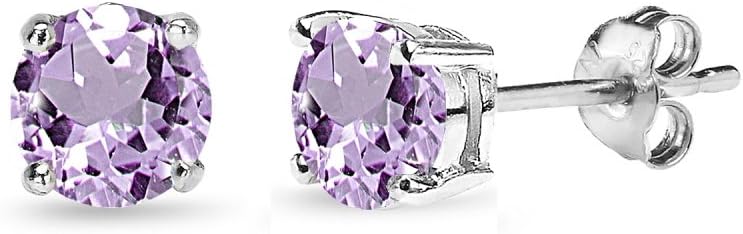 Earrings for Women Sterling Silver Trendy 4mm, 5mm, 7mm, 8mm Solitaire Purple Stud Round Genuine Amethyst Studs for Bridesmaids