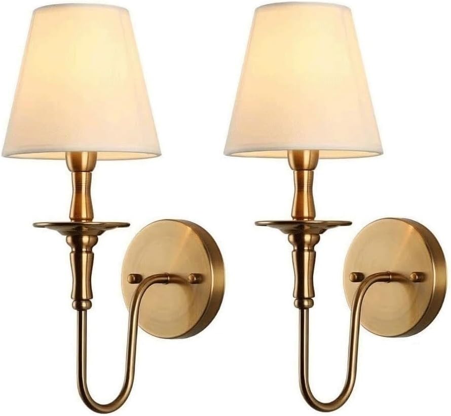 KEFA Hardwired Wall Sconces Set of 2 Wall Lights Vintage Gold Antique Brass Wall Lamps with Curved Rod & White Fabric Shade, E27/ E26 Lighting Fixture for Hallway Fireplace Dining Living Room Bedroom