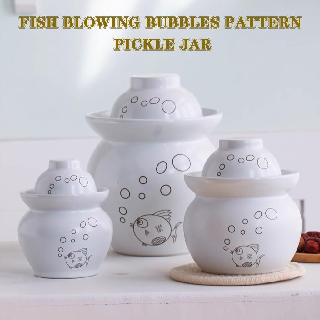 Simple Fish Pattern Pickle Jars, Traditional Water-sealed Fermentation Crock, Household Ceramic Storage Containers, Decorative Furniture(3.5kg/123.4oz)