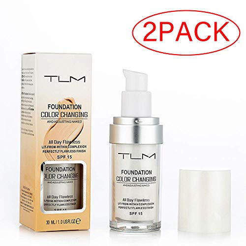 2PCS TLM Flawless Colour Changing Warm Skin Tone Foundation Makeup Base Nude Face Moisturizing Liquid Cover Concealer for Women Girls SPF15(30ml)