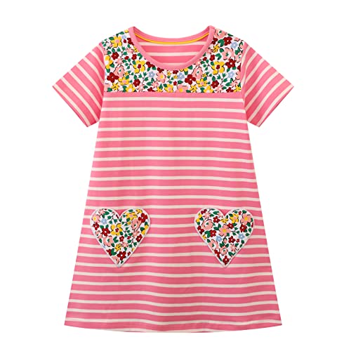 Image of HILEELANG Toddler Girls Short Sleeve Dress Easter Cotton Casual Summer Appliques Shirt Jersey Dresses