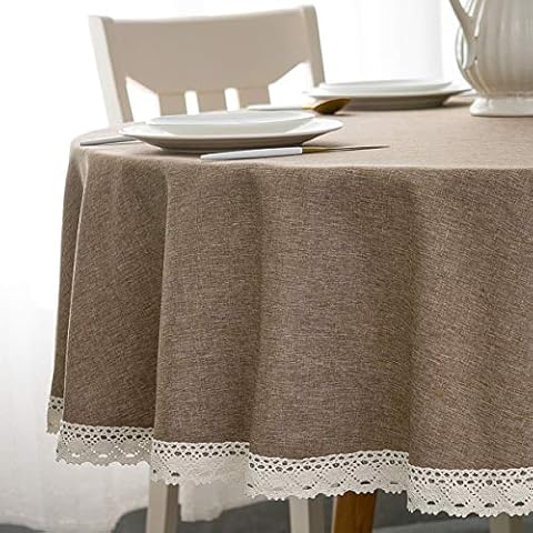 EHouseHome Faux Linen Tablecloth with Lace Trim - Waterproof/Spill Proof/Stain Resistant/Wrinkle Free/Oil Proof - for Banquet, Parties, Dinner,Kitchen,Wedding,Coffee,Holiday,Flax,Round 70Inch Cover
