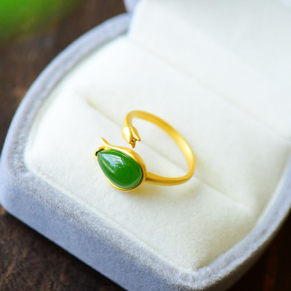 WBDWWTD Ring aus S925-Silber mit natürlicher jadegrüner Tulpe