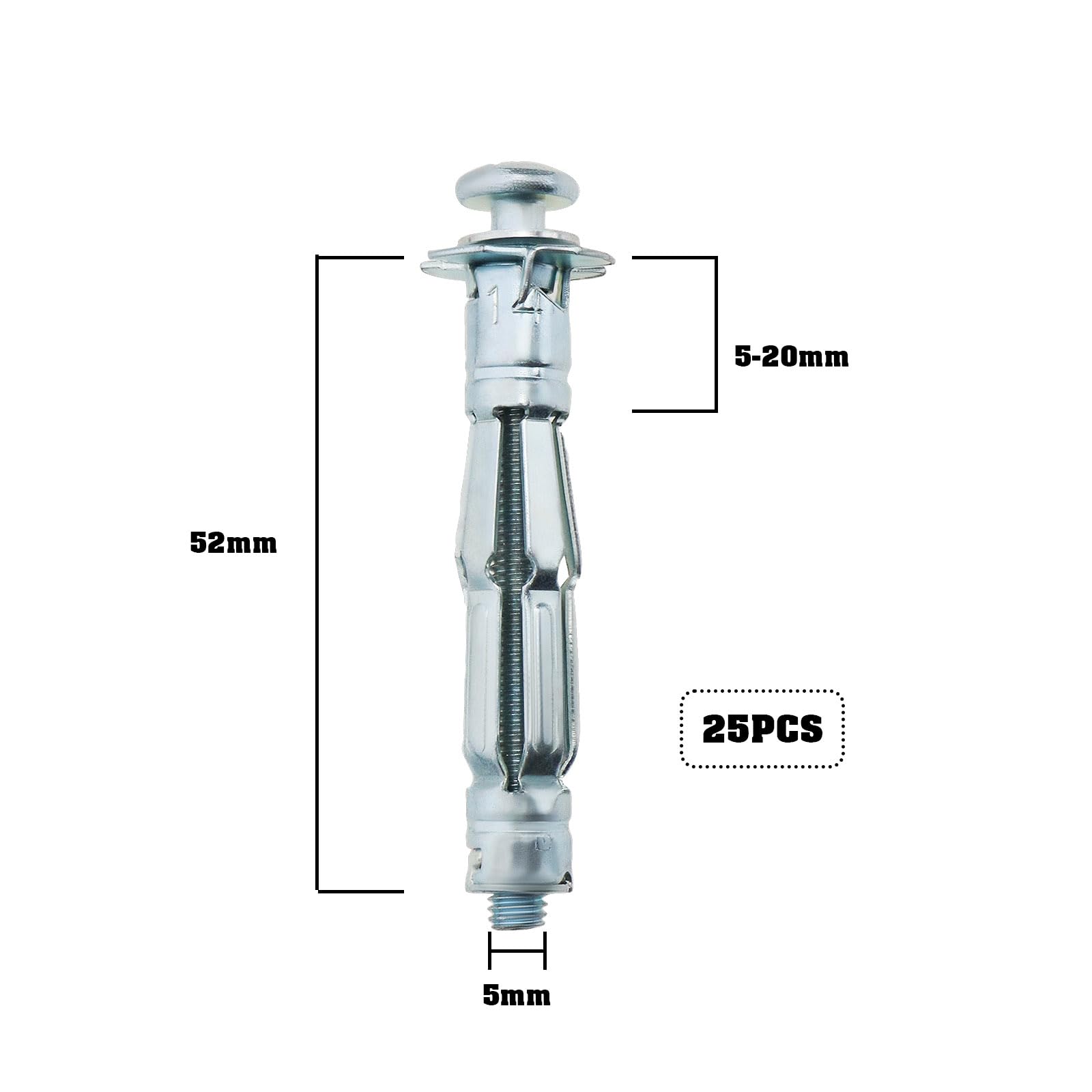 YINETTECH 25pcs M5 x 52mm Expansion Bolts Hollow Expansion Screw Galvanized Carbon Steel Expansion Screw Cavity Bolt for Dry Walls Hollow Bricks Plaster Ceramic Tiles - Image 4