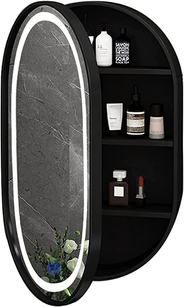 LED Mirror Cabinet Wall-Mounted Bathroom Storage with Solid Wood Frame, Three Color Light, Touch Switch, Black Finish, Makeup Organizer