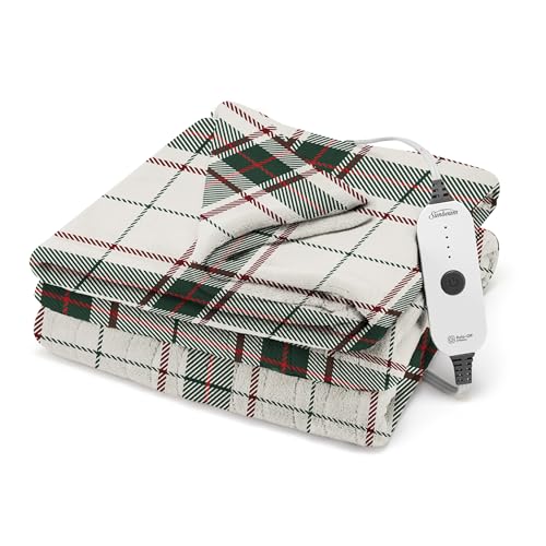 Sunbeam Electric Throw Royal Posh Heated Blanket 4 Heat Settings 4-Hour Auto Shut-Off Fast Heating Warm and Cozy Eggshell Plaid 50 x 60