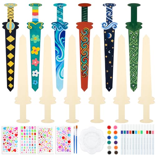 Lineshading 18 Piece DIY Set with Wooden Handmade Crafts Sword Gem Stickers Jewels Marker Pens Pigment for Party Crafts DIY Church-Themed Activitie Personal Creative Projects