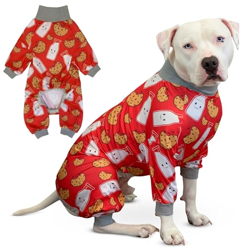 Tooth & Honey Pitbull Dog Pajamas Red Milk & Cookie Print Onesie for Medium Dogs Lightweight Full Coverage Dog Clothes for Shedding, Recovery & Warmth Pullover Pajamas (Medium)