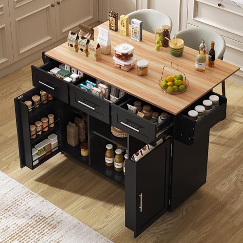 Huayz Isla de cocina con encimera plegable de móvil carrito de servicio con ruedas con 3 cajones/2