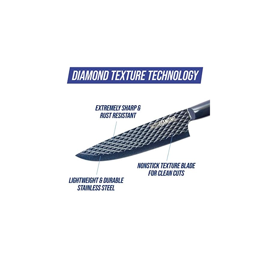 Blue-Diamond-Sharp-Stone-Nonstick-Stainless-Steel-Cutlery-14-Piece-Wood-Knife-Block-Set-with-Chef-Steak-Knives-and-more-Diamond-Texture-Blade-Dishwasher-Safe-Knives-Blue Blue Diamond Sharp Stone Nonstick Stainless Steel Cutlery, 14 Piece Wood Knife Block Set with Chef Steak Knives and more, Diamond Texture Blade, Dishwasher Safe Knives, Blue