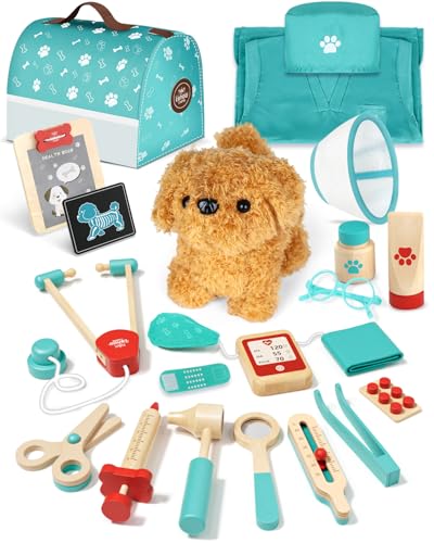Lehoo Castle Wooden Doctor Kit for Toddlers 3-5 Girls Toys Vet Toys for Kids Pretend Play Doctor Set with Puppy Stethoscope & Dress Up Costume Medical Accessories