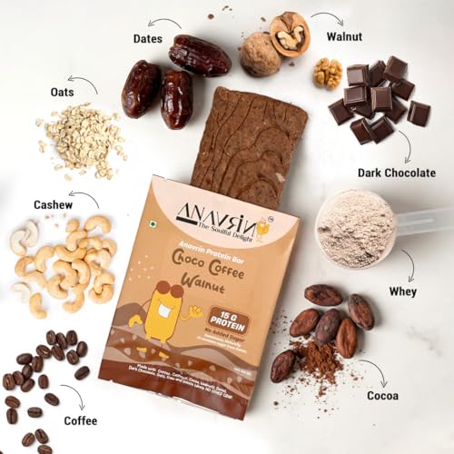 Image of ANAVRIN Choco Coffee Walnut Protein Bar - 15g Protein, 4.4g Fibre in each Bar (6 Bars x 50gm) No Added Sugar, No Soy, No Preservatives Gluten Free Protein Rich Energy Bar, Healthy Snack
