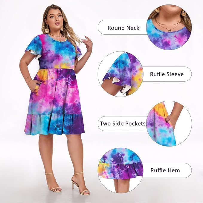 Image of Women's Plus Size Casual Dress Crew Neck Ruffle Floral Short Sleeve Summer Midi Dresses with Pockets