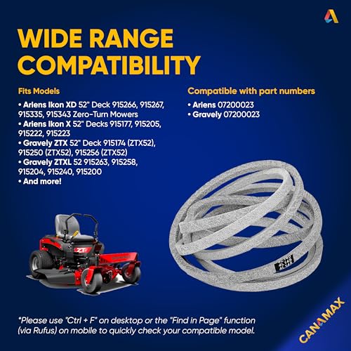 Image of 07200023 Mower Deck Belt - Replacement for 52 Inch Deck Ariens Ikon X, Ikon XD, Zoom, Zoom XL, Gravely ZT X & ZTXL Series, Exmark /Toro 130-0843 | Aramid Cord |145 inch x 0.5 inch