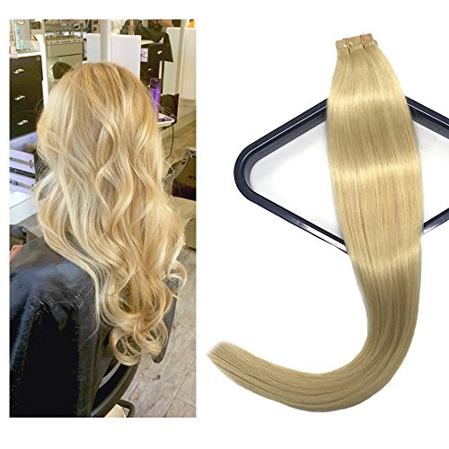 Tape in Blonde Hair Extensions Human Hair Silky Straight Seamless Skin Weft Remy Hair Tape ins Bleach Blonde Double Sided Tape Extensions (16 inches, 613)