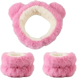 Juego de 2 diademas de felpa con orejas de oso de dibujos animados para mujer, para lavar la cara y maquillarse (color rosa)