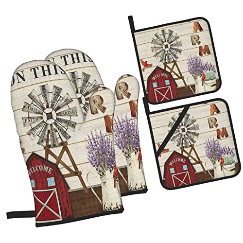 Oven-Mitts-and-Pot-Holders-Sets-of-4Farmhouse-Windmill-and-Barn-House-Lavender-Cardinal-Bird-Country-StyleOven-Mitts-Heat-Resistant-Oven-Gloves-Set-Potholders-for-Kitchen-Baking-Grilling Oven Mitts and Pot Holders Sets of 4Farmhouse Windmill and Barn House Lavender Cardinal Bird Country StyleOven Mitts Heat Resistant Oven Gloves Set Potholders for Kitchen Baking Grilling