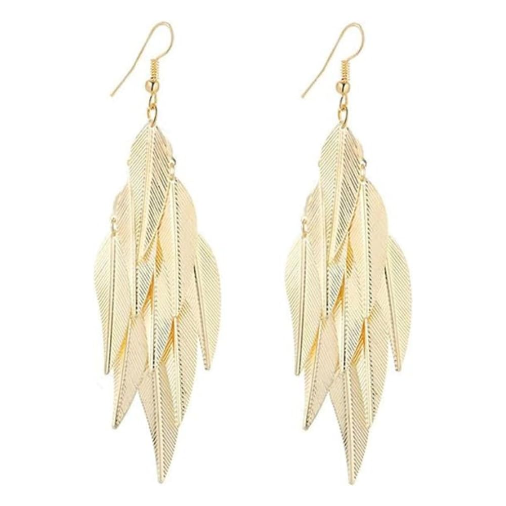 QUECY® Metal Bohemian Long Leaves Cluster Dangler Earrings for Women - Golden Colour (B0CPHYNVTZ) Amazon Price History, Amazon Price Tracker