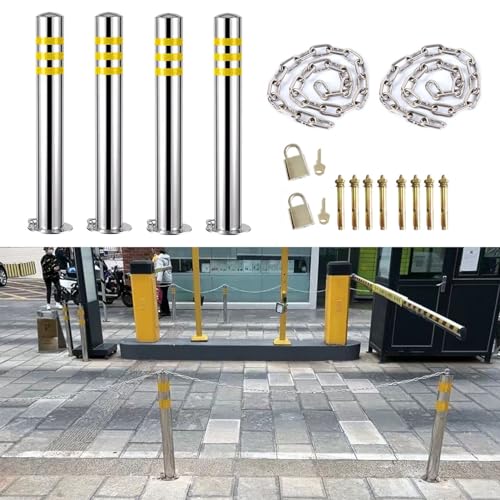 Bloqueador de plazas de Aparcamiento, Poste delimitador de tráfico Resistente con Cadenas y candado, diseño Reflectante Nocturno (4 Piezas, 60 cm de Altura)