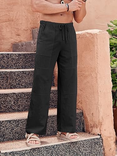PASLTER Mens Cotton Linen Pants Casual Drawstring Elastic Waist Loose Fit Beach Yoga Pants with Pockets2