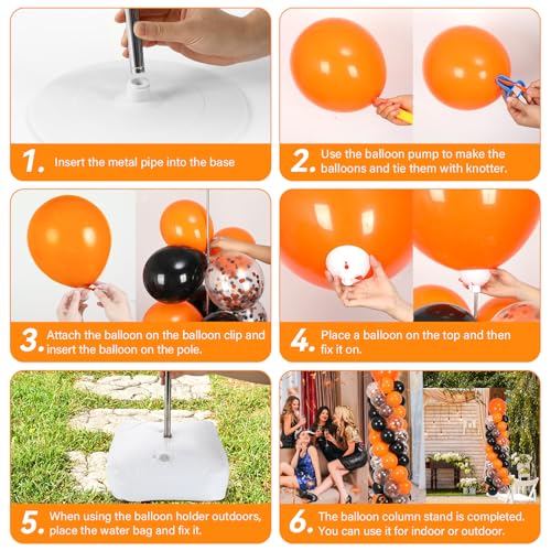 Image of 2 Sets Orange and Black Balloon Column Stand Kit with 100 Balloons Adjustable Balloon Tower Stand with Bases for Floor Black Orange Confetti Balloon Column Kit for Valentine Birthday Party Decor