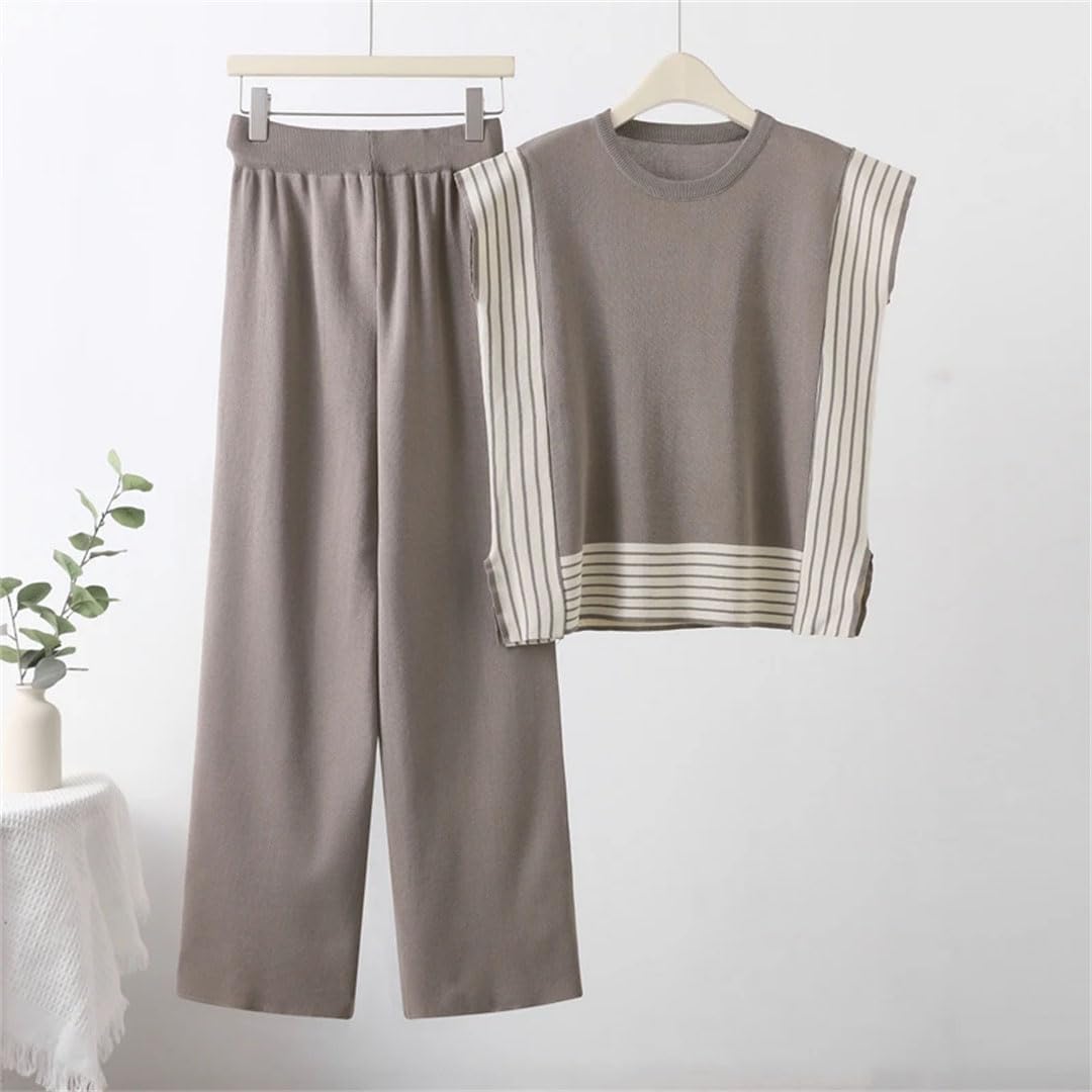 Ensemble deux pièces en tricot patchwork rayé pour femme - T-shirt sans manches - Jambe large - Pantalon longueur cheville