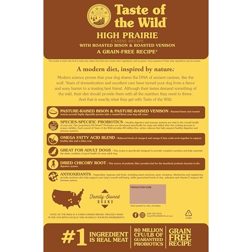 Taste of the Wild High Prairie Canine Grain-Free Recipe with Roasted Bison and Venison Adult Dry Dog Food, Made with High Protein from Real Meat and Guaranteed Nutrients and Probiotics 28lb